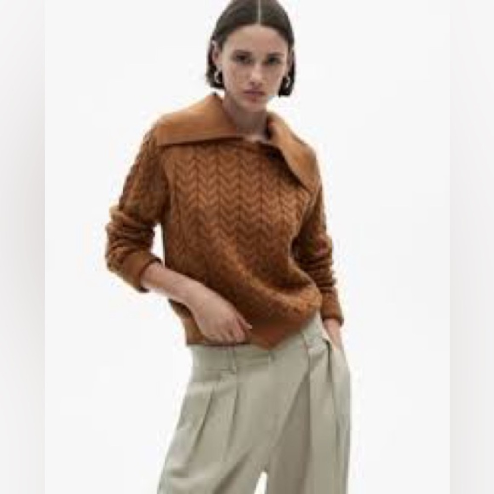 MANGO medium Women's Lapel Collar Braided Sweater MNG caramel brown